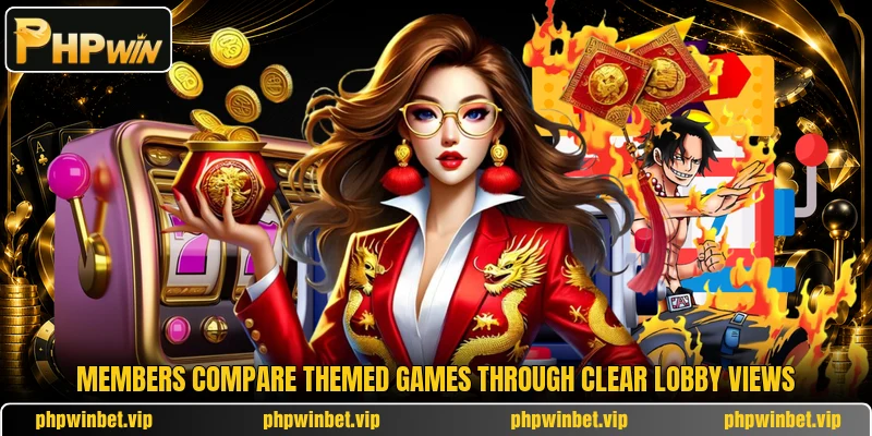 Members compare themed games through clear lobby views Members compare themed games through clear lobby views