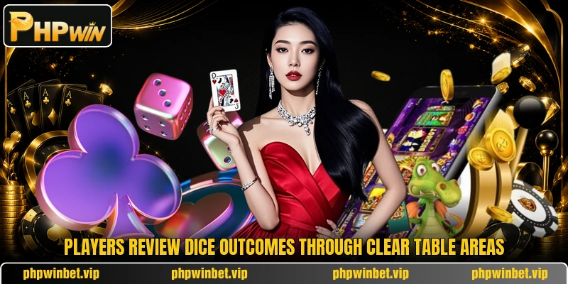 Players review dice outcomes through clear table areas
